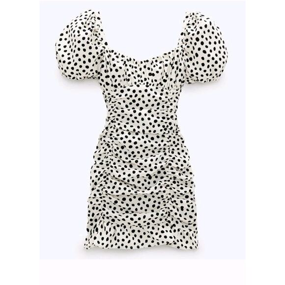 Zara Ruched Polka Dot Puff Sleeve Mini Dress Milkmaid Ivory & Black Dots Medium - Picture 2 of 10